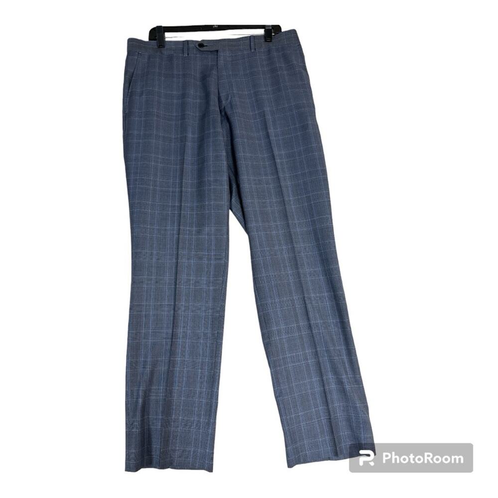 Men's Blue Check Suit Trousers Pants Made in Italy 100% Virgin Wool Size 40
